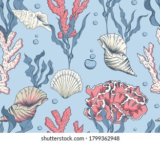 marine seamless pattern with corals, shells and algae
