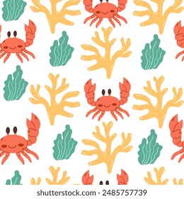 Marine seamless pattern with crab, coral and shells. Marine background for greetings, invitations, wrapping paper production, textiles and web design.