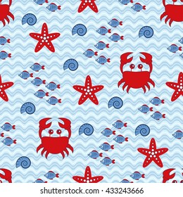 Marine seamless pattern with crab, starfish, shell and fish. Sea and wave theme