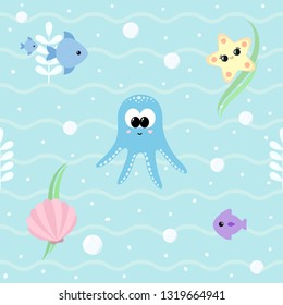 Marine seamless pattern with cute baby sea animals. Ocean background with smiling baby octopus, starfish, seashell, fishes, bubbles. Children's room wallpaper, wrapping paper. Vector Illustration.