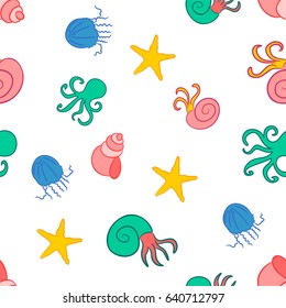 Marine seamless pattern. Cute baby vector summer illustration. Colored doodle seashell, starfish, octopus tropical comic characters. Funny ocean wildlife design wrapping paper, wallpaper, textile.