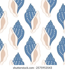 Marine seamless pattern with cute blue sea shells. Background, wallpaper, notebook cover, wrapping paper, fabric template.
