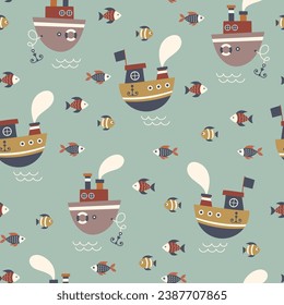 Marine seamless pattern with a cute boats. Childish illustration. Sea seamless pattern. Little ships and colorful fishes on a light green background. Nautical pattern for kids fabric, textile.
