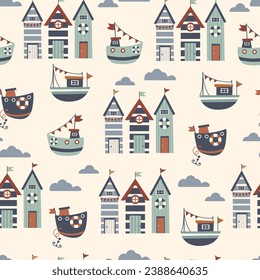 Marine seamless pattern with a cute boats. Childish illustration. Sea seamless pattern. Nautical beach huts and colorful little ships on a light background. Marine pattern for kids fabric, textile.