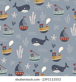 Marine seamless pattern with a cute boats. Childish illustration. Sea seamless pattern. Colorful little ships, algae and the big blue whale on on a gray-blue background. 