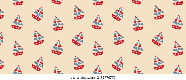 Patrón marino sin costuras con lindos barcos sobre un fondo beige. Veleros de Vector rojo y azul. Para tela, papel de embalaje, textiles, Fondo de pantalla