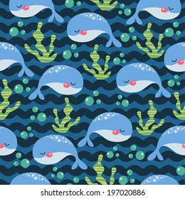 Marine seamless pattern with cute cartoon whale. vector illustration