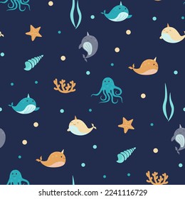 marine seamless pattern with cute cartoon narwhal, sea shell and star fish