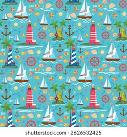 Marine seamless pattern with cute cartoon crocodiles, funny seagulls, fish, sea shells, starfish, sailing ships, lighthouse, compass, anchor and steering wheel. Nautical print for baby fabric.