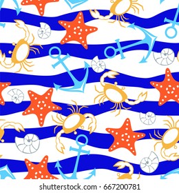 Marine seamless pattern with cute cartoon crab and cockleshell.
