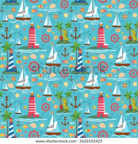 Marine seamless pattern with cute cartoon crocodiles, funny seagulls, fish, sea shells, starfish, sailing ships, lighthouse, compass, anchor and steering wheel. Nautical print for baby fabric.