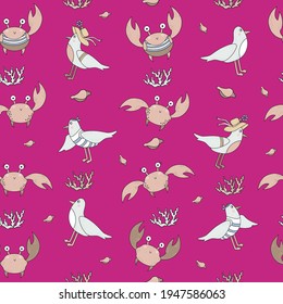 Marine seamless pattern. Cute funny crabs and seabirds seagulls, corals and shells on a bright pink background. Vector. For design, printing, packaging, textiles, wallpaper and decor