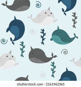 marine seamless pattern with cute narwhals