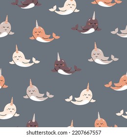 Marine seamless pattern with cute narwhals. Childish texture for fabric, textile, nursery, wrapping. Vector background in scandinavian style