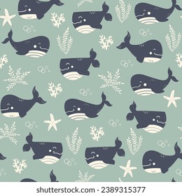 Marine seamless pattern with a cute whales. Childish illustration. Sea seamless pattern. Big blue whale and seaweed on a light green background. Nautical pattern for kids fabric, textile, wallpaper.