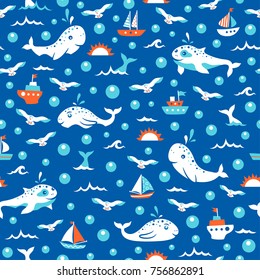 Marine seamless pattern with cute whales, seagulls, sailboats, waves, water bubbles and sun in bright colors. Vector