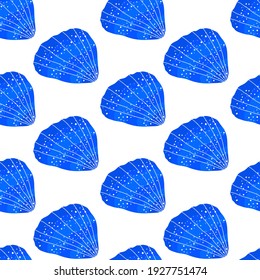 Marine seamless pattern. Dense diagonal pattern of blue seashells. Design of textiles, fabrics, wallpapers, prints