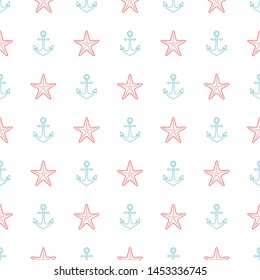 Marine seamless pattern design. Anchors and starfish on white backdrop. Vector template.