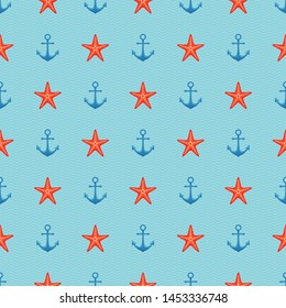 Marine seamless pattern design. Anchors and starfish on blue sea backdrop with waves. Vector template. 