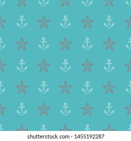 Marine seamless pattern design. Anchors and starfish on blue backdrop. Vector template. 