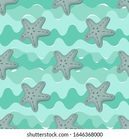Diseño marino sin fisuras con olas de mar con estrellas. Tapa de repetición del vector