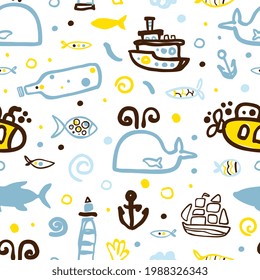 Marine Seamless Pattern Design, Nautical Symbols Background, Wallpaper, Textile, Packaging Vector Illustration