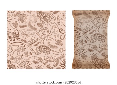 Marine seamless pattern for design of packages or other objects. Design with seafood and marine animals. Vector illustration. mock up
