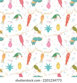 Marine seamless pattern design with zooplankton crustaceans and organisms, flat cartoon vector illustration on white background. Repeatable endless design with plankton.