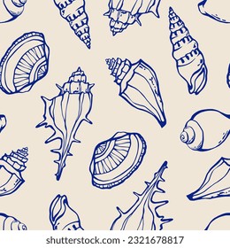 Marine seamless pattern. Different cockle shells and seashells blue line sketch drawing on beige background. Bathroom wallpapers, textile pattern. Vector illustration.