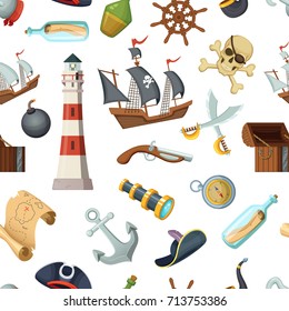 Marine seamless pattern with different pirates items. Vector pirate, travel, steering wheel and bottle of rum, anchor and cross sword illustration
