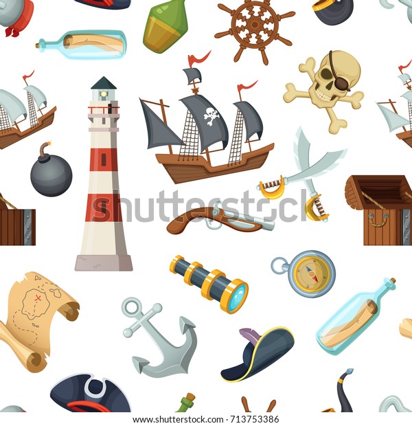 海賊の品々を持つ海のシームレスな模様 ベクター海賊 旅行 ハンドル ラム酒のボトル 錨 クロス剣のイラスト のベクター画像素材 ロイヤリティフリー