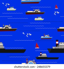 Marine seamless pattern with different ships and waves. Vector background.
