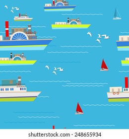 Marine seamless pattern with different ships and waves. Vector background.