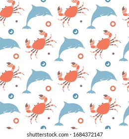 Marine seamless pattern. Dolphin, crab, circles on white background. Childish pattern. Vector illustration. Summer template. Repeating texture. Modern ornament. Design paper, wallpaper, cover, textile