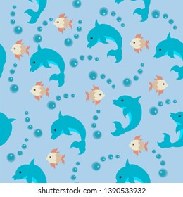 marine seamless pattern with dolphin and fish blue background for textiles