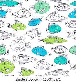 Marine seamless pattern with doodle fish.