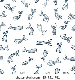 Marine seamless pattern with doodle mermaid tails. Hand drawn monochrome background. Underwater life. Magical vector illustration. Cartoon nursery design. Fairytale clipart.