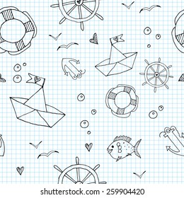 Marine seamless pattern. Doodle sea travel elements in funny cartoon background in vector