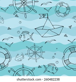 Marine seamless pattern. Doodle sea travel elements in funny cartoon background in vector
