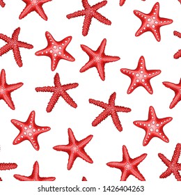 Marine seamless pattern with exotic tropical red starfishes on a white background