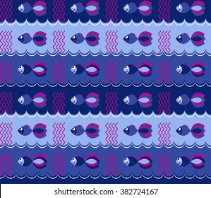 Marine seamless pattern with fish. Abstract background. Vector illustration. 