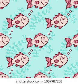 Marine seamless pattern with fish and air bubbles on a green background. Hand drawn vector illustration.
