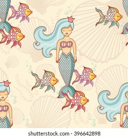 Marine seamless pattern with fish and mermaids