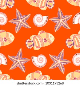 marine seamless pattern with fish, starfish, seashells. vector illustration