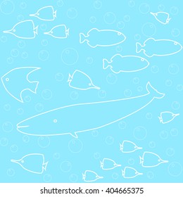 Marine seamless pattern with fish and whale silhouettes
