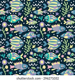 Marine seamless pattern with fishes and algae