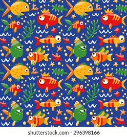 Marine seamless pattern with fishes and algae