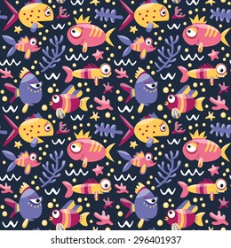 Marine seamless pattern with fishes and algae