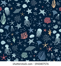 Marine seamless pattern with fishes and conchs and starfishes on blue background