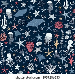 Marine seamless pattern with fishes and conchs and starfishes on blue background